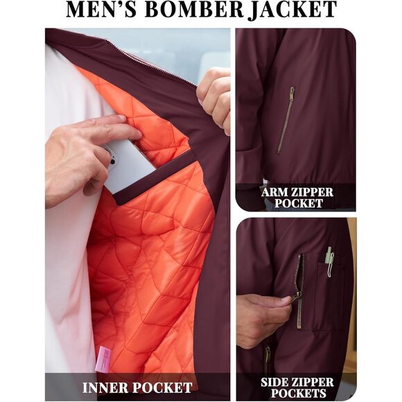 Tacvasen Mens Red Bomber Winter Warm Padded Work Coat Casual Windproof Jackets - Picture 4 of 6